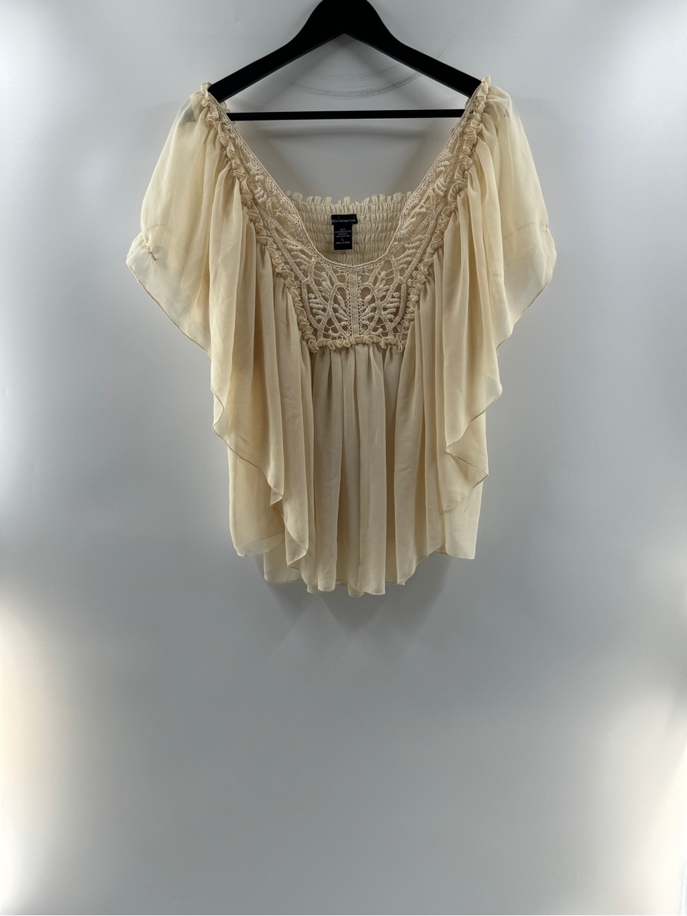 Vintage Moda International Ivory Crochet Flutter Sleeve Blouse Women’s Large Y2K